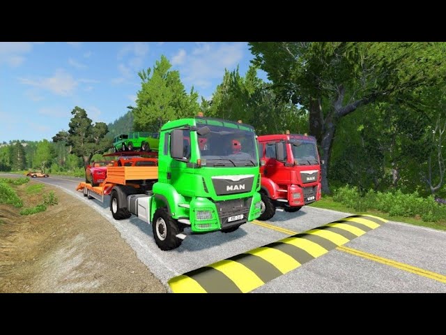 Double Flatbed Trailer Truck vs Speedbumps Train vs Cars Beamng Drive@3