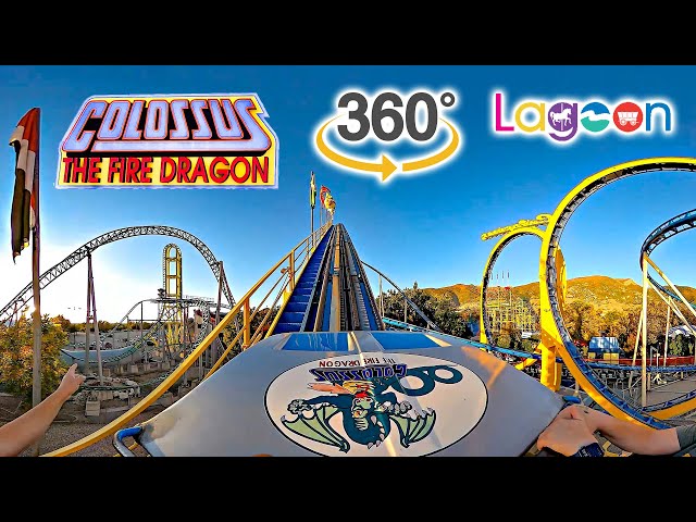 VR 360 Colossus the Fire Dragon Roller Coaster On Ride Front Seat POV with Queue Lagoon 2023 09 29