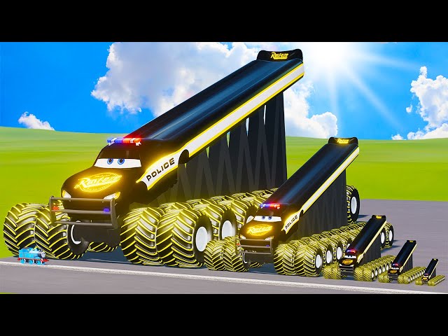 Big & Small Lightning McQueen Police Thorns Glow Stripes Monster Truck vs Thomas Train BeamNG.drive