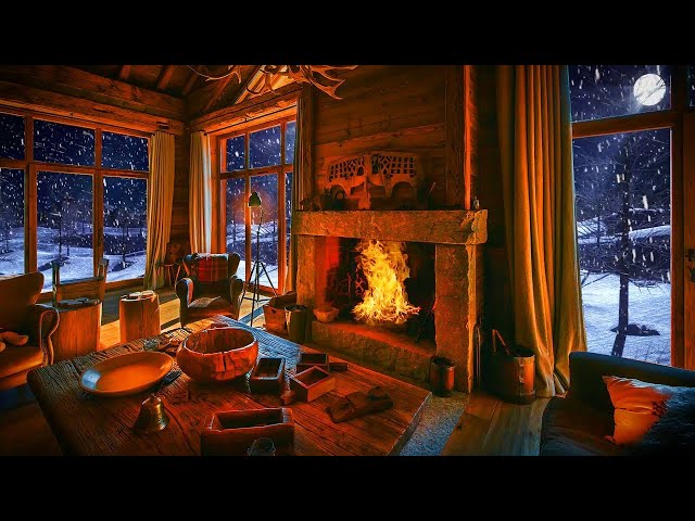 Snowstorm and fireplace sounds for sound sleep  Cozy winter atmosphere, snowstorm and howling wind