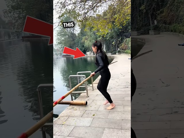 Girl Tries to Cross a River on Bamboo but She Made  a Mistake