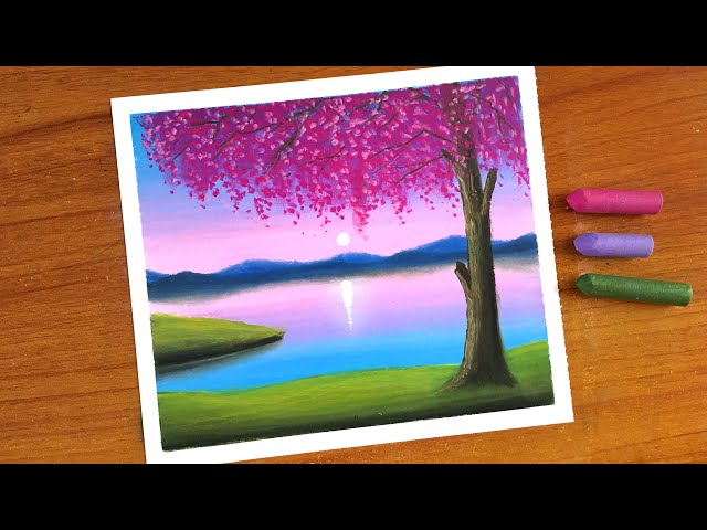 Oil Pastel Spring Scenery Painting for beginners | Oil Pastel Drawing Cherry Blossom