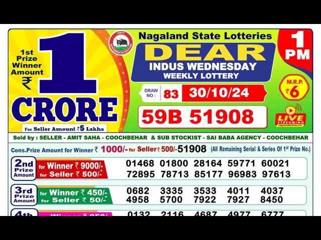 🔴LIVE Nagaland Lottery Result Today 1PM (30-10-2024); Dear Indus Wednesday