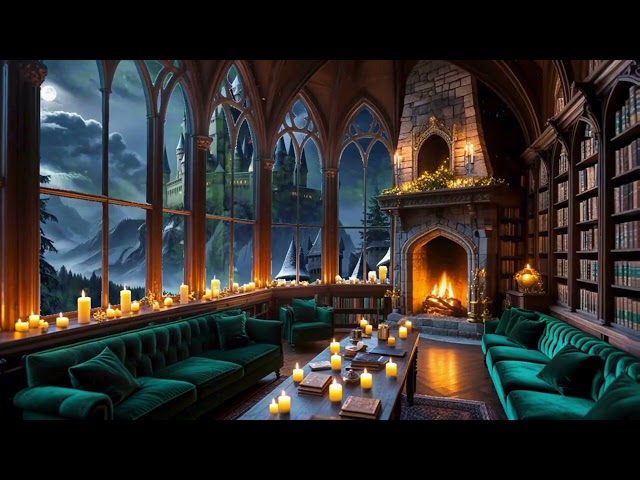 Slytherin Common Room Ambience 🐍  Cozy Hogwarts Library & Fireplace | Study, Sleep & Relax