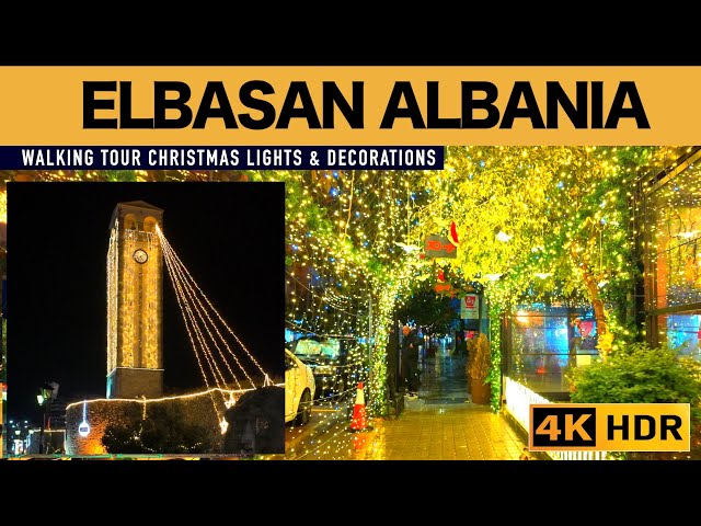 ELBASAN, ALBANIA ✨ CHRISTMAS LIGHTS & DECORATIONS 🎄RAINY RELAXING WALK AROUND THE CITY ☔⛈️ [4K HDR]