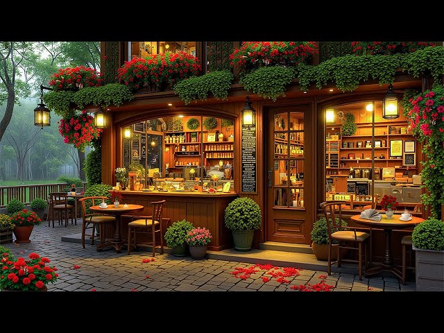 Rainy Jazz Cafe ☕ Enchanting Spring Scenery at Cozy Coffee Shop Ambience with Warm Jazz Piano Music