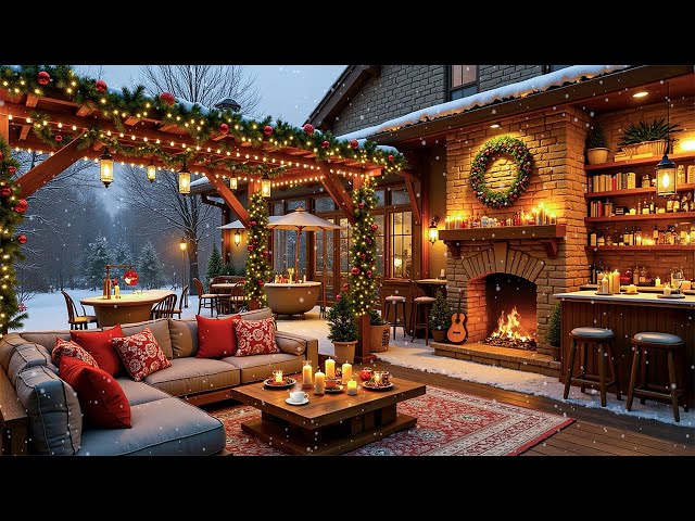 Snow Falling with Warm Jazz Music 2025 to Relax, Good Mood at Cozy Winter Porch Coffee Ambience