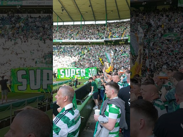 Celtic fans celebrating with Joe Hart  tifo and smoke everywhere 💚🤍🧡#celticfc #celtic #greenbrigade