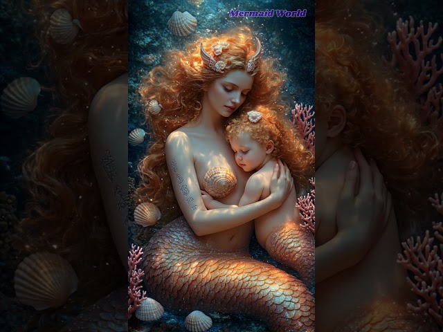 An ancient mermaid mother holding her baby.