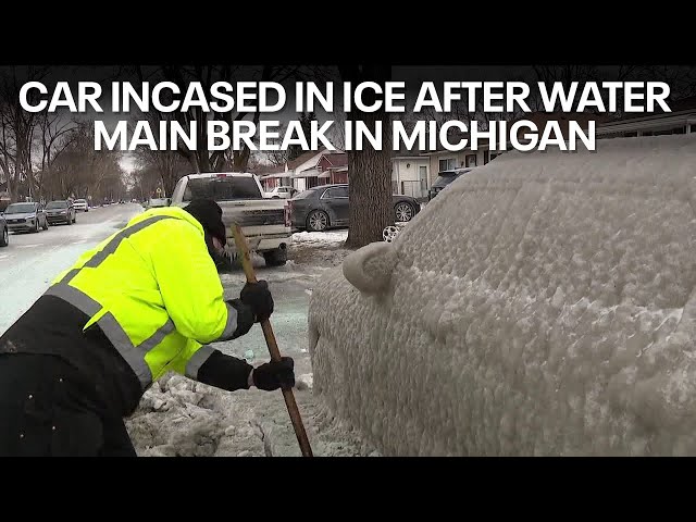 Car encased in ice after water main break in Michigan