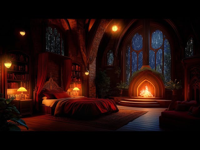 🔴24/7 Sleep in a Castle Room Haven | Rain, Fireplace & Thunderstorm Sounds