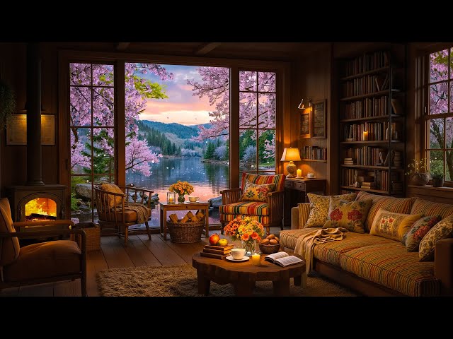 Cozy Spring Cabin by the Lake with Relaxing Jazz Music & Fireplace Sounds to Unwind