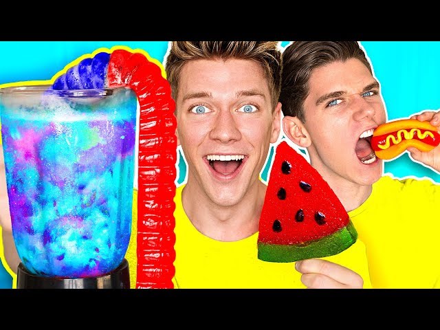 Gummy Food vs. Real Food SMOOTHIE CHALLENGE!! *GIANT GUMMY DRINK* Eating Best Gross Real Worm Candy