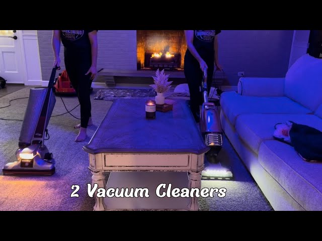 Vintage Kirby Heritage II & Kenmore Vacuum Cleaner Clean At The Same Time In Front Of Cozy Fireplace