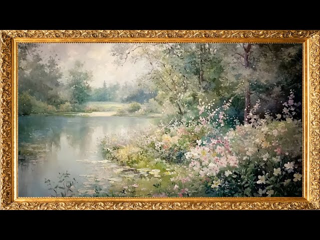 Gold Framed Vintage TV Art: Lovely Spring Lake & Flowers | 4K Art Screensaver | Frame TV Wallpaper