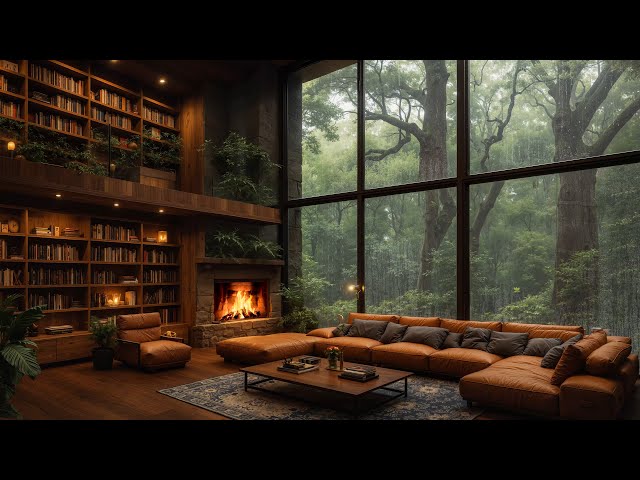 Stress Relief with Gentle Rainy Jazz Ambience 🌧️ Warm Cabin Inside Forest Ambience & Smooth Jazz