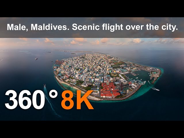 Male, Maldives. Scenic flight over the city. Relaxing aerial 360 video in 8K.