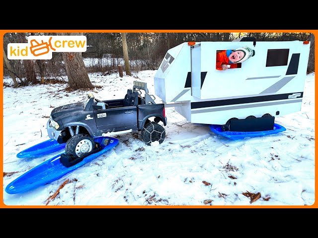 Winter camping adventure with kids RV trailer and ride on truck, ice fishing. Educational | Kid Crew