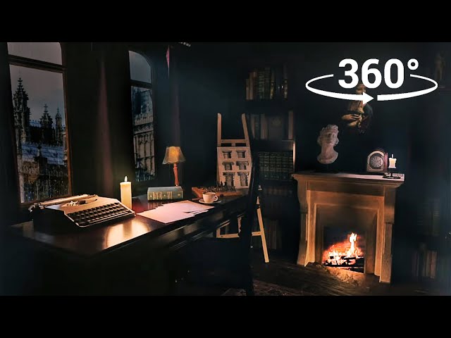 VR 360° Dark Academia Old Room with Fireplace & Thunderstorm