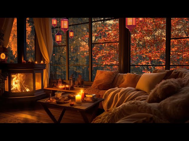 Cozy Living Room with Autumn Rain Sounds Live 24/7