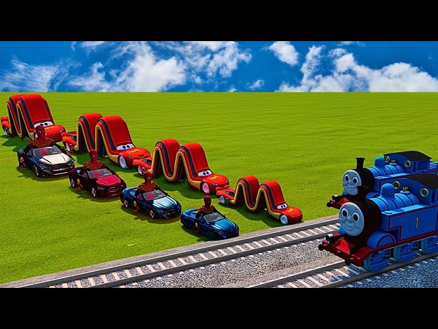 Big & Small Red Lomg Lightning McQueen VS Big & Small Spaiderman BMW vs Trains BeamNG Drive