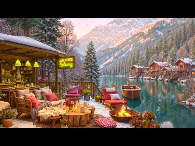 Tranquil Morning Winter ❄️ Jazz Relaxing Music with Warm Campfire at a Cozy Porch Lakeside Ambience