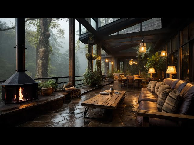 Soft Jazz Instrumental Background Music for Relief Stress, Relax - Forest Cabin Balcony on Rainy Day