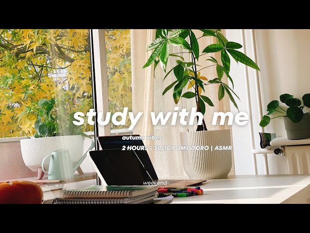 2 HOURS study with me | Cozy Autumn Vibes + Relaxing Background Noise 🍂📚 | 50/10 pomodoro