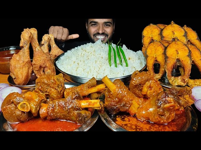 Eating Spicy Mutton Curry with Fried chicken | Fish Fry, Rice & Chilli Mukbang