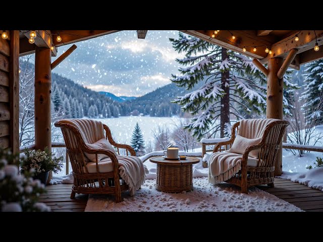 Cozy Winter Porch Ambience  🎻Lakeside Sunset With Soothing Piano Music