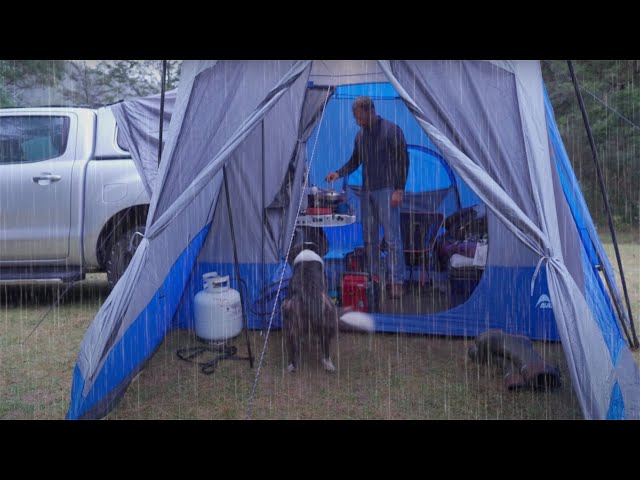 Car CAMPING in RAIN with SUV TENT