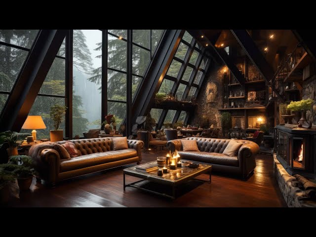 Jazz Relaxing Music For Stress Relief, Sleep - Cozy Cabin on Rainy Day Ambience & Fireplace Sounds 🔥