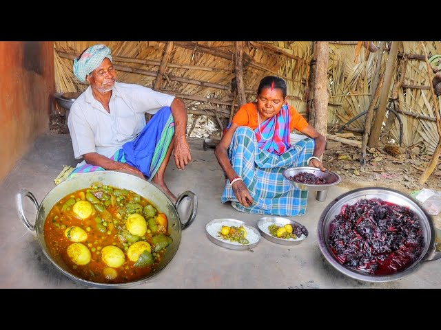 Capsicum Egg curry and Lal shak vaji cooking and eating by santali tribe couple