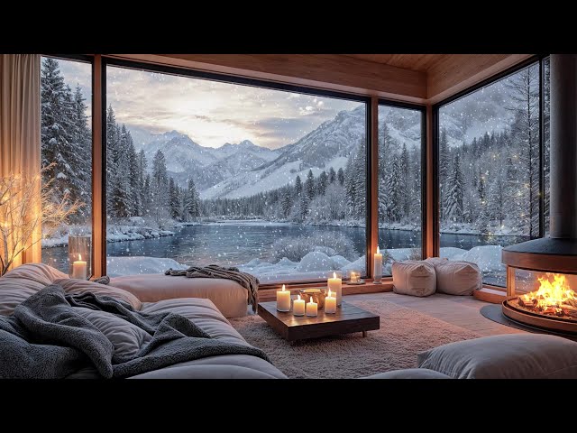 Warm Cabin Retreat with Crackling Fire & Snowy Lake Views | Winter Relaxation Ambience ❄️🔥