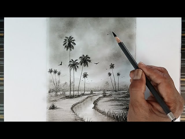 How to draw a  palm trees landscape scenery by pencil with easy ways.