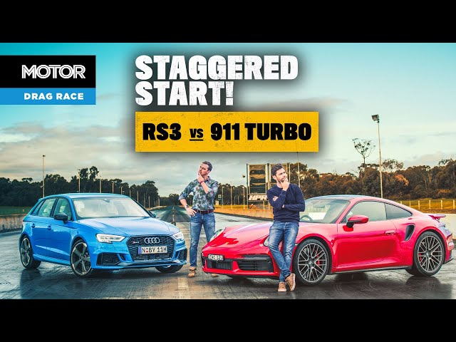 Porsche 911 Turbo v Audi RS3: DRAG RACE (staggered start) | MOTOR