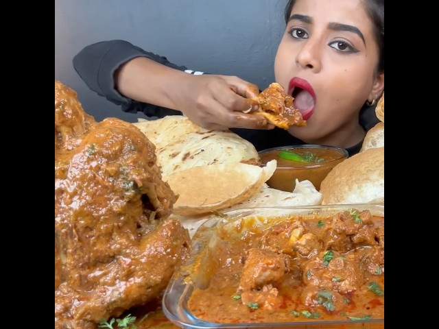 ASMR: EATING SPICY CHICKEN CURRY🔥 PURI/LUCHI || #shorts #mukbangn#asmreating #mukbangasmr #asmr