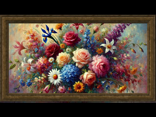 Vintage Blue Flowers Painting | Gold Frame TV Art Screensaver for TV Wallpaper