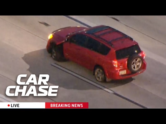 Spike strip shreds tire during high-speed chase!