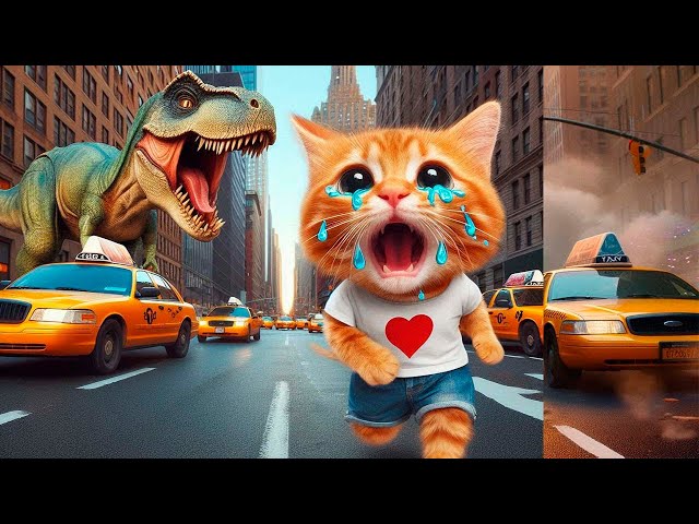 😱 Dinosaur Attacks Cute Cat! Terrified Kitty's Close Call 🐾 #cat #funny #cutecat #aicat