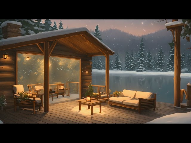 Find Peace and Harmony with Smooth Jazz at a Cozy Cabin Porch During Light Snow on the Lake