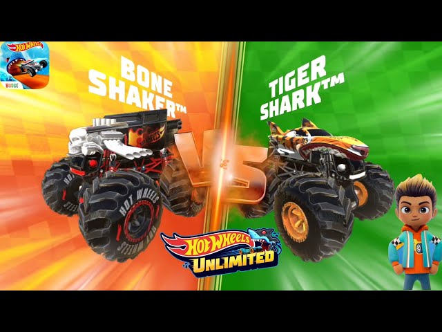 Hot Wheels Unlimited Monster Truck : Let's Race Bone Shaker Vs Tiger shark Monster Trucks Race