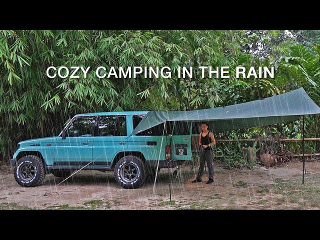 RAINING car camping in my 33 year old Toyota Land Cruiser [ASMR, DURIAN RUNTUH, 캠핑]