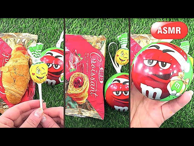 ASMR Most Popular Candys M&M /some lots of colorful lollipop candy / unpacking Croissant