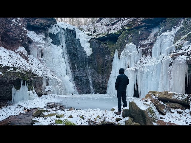 Solo Camping. Overnight stay and cooking near a frozen waterfall