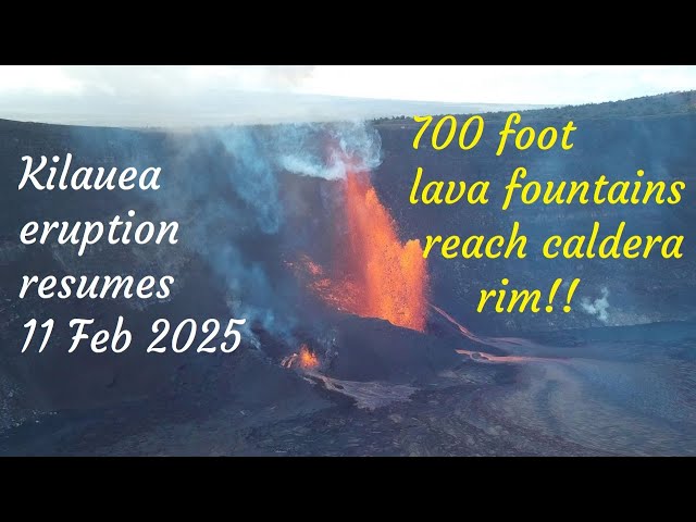 Kilauea eruption episode 9 starts | 700 foot lava fountains reach caldera rim! 11 February 2025