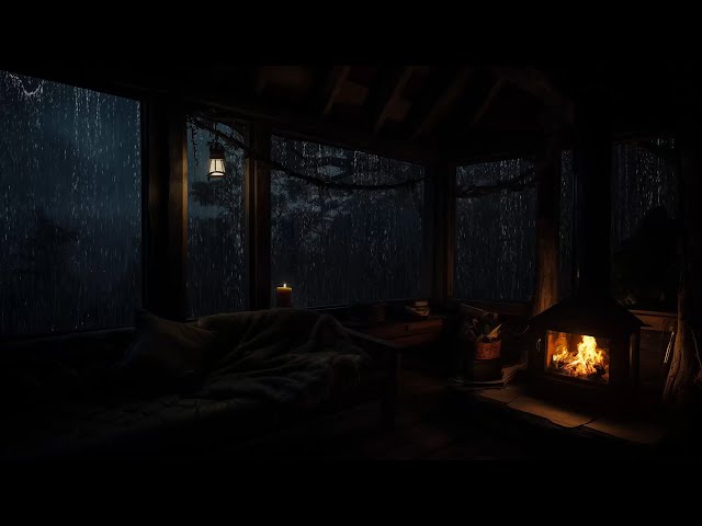 Rain Sounds and Fireplace Crackle in Peaceful Cabin Night for Deep Sleep