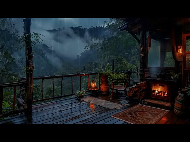 Cozy Rainy Balcony⚡Soothing Sounds of Fireplace and Thunderstorm Lulling You to Sleep, Healing