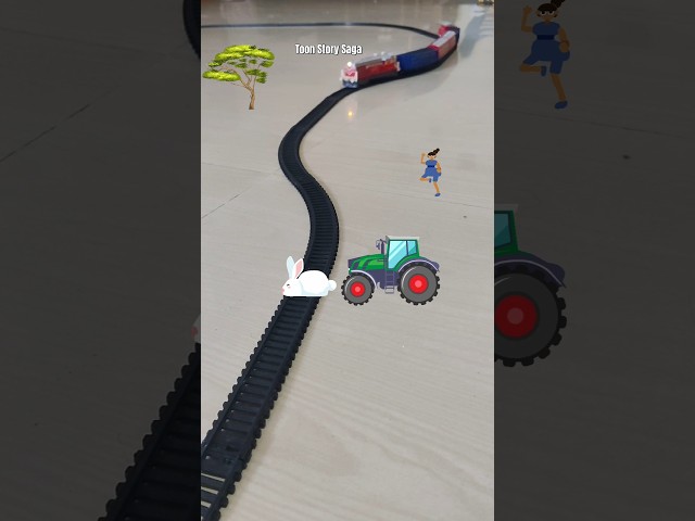 The Tractor is crossing the railway track near the rabbit and the train is approaching fast | 🐇 🚜 🚂