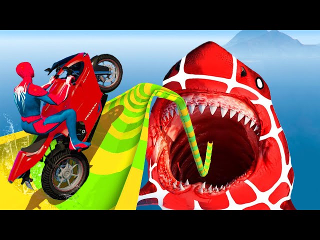 SPIDER-MAN Challenge race! Water Slides & Bridge ! SUPERHEROES New Epic Stunt Ep.1